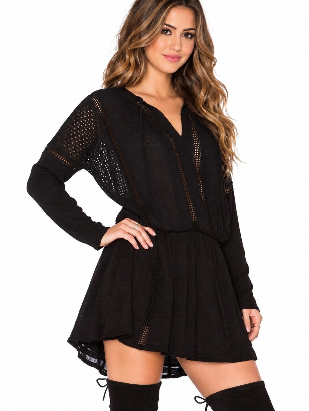 Free People Nomad Mini Dress Black Crochet Lace Boho Long Sleeve Size Large